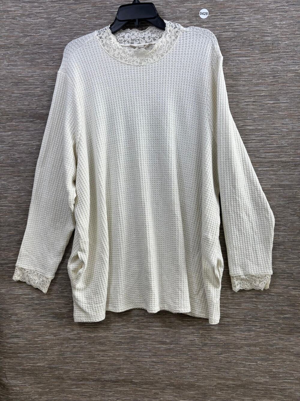 Logo Lori Goldstein Sweater Womens 3X White Lace Mock Neck Waffle Knit Pullover